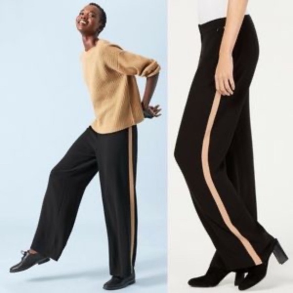 Eileen Fisher Black Silk Georgette Crepe Trousers with Side Stripe 16 Petite - Picture 1 of 9